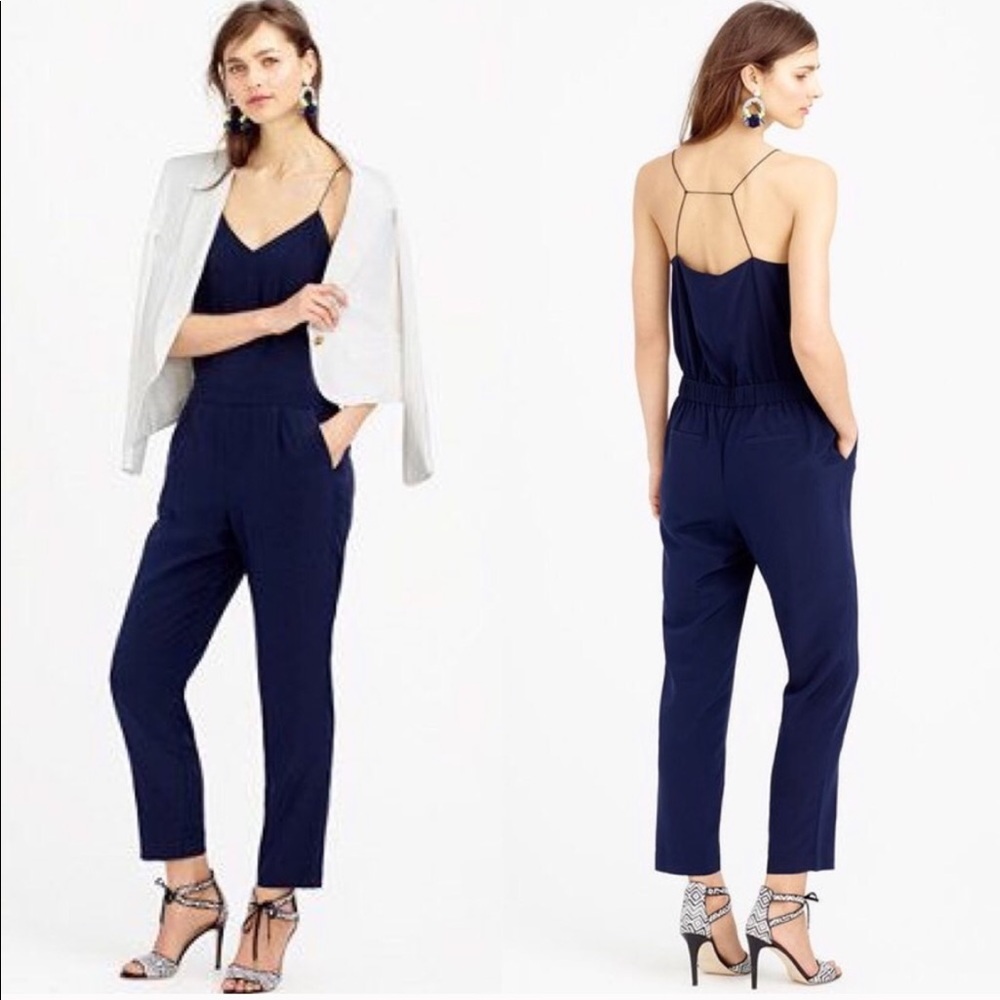 J. Crew Silk Navy Blue Strappy Jumpsuit Romper
